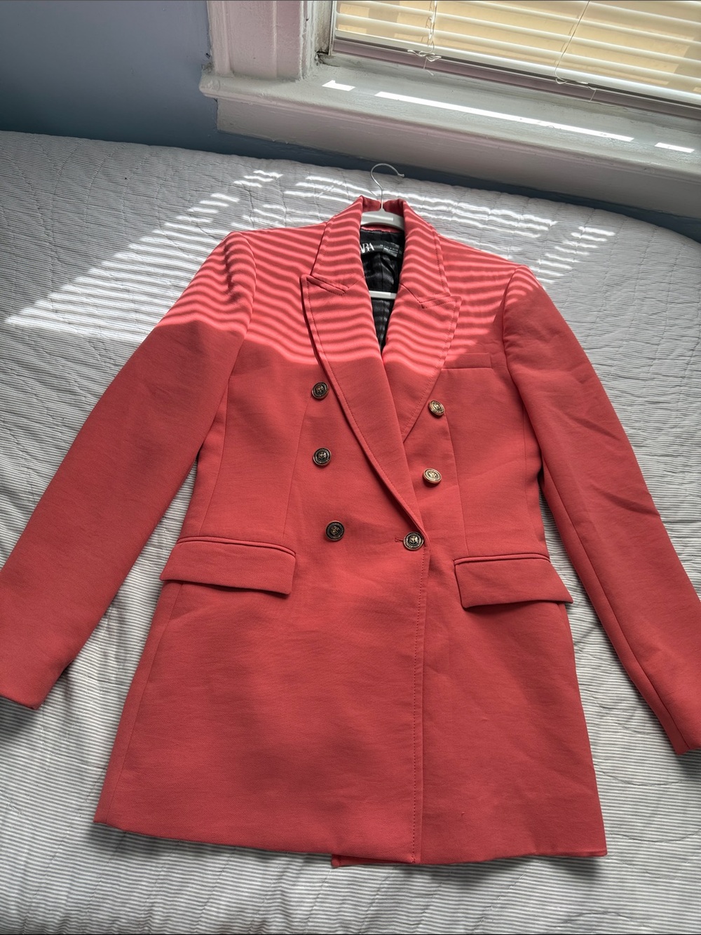 Zara Coral Double-Breasted Blazer with Gold Buttons
